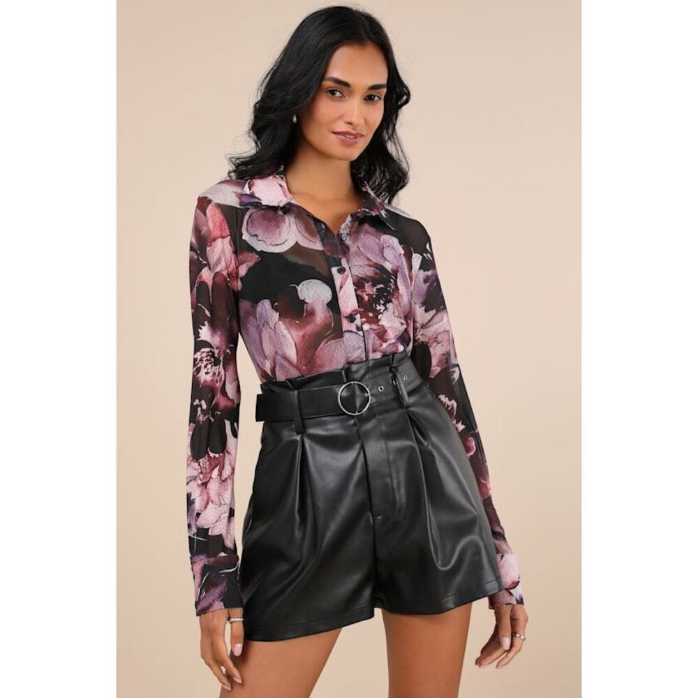 Lulus Sleek Blossom Plum And Black Floral Sheer Mesh Button-up Top Purple